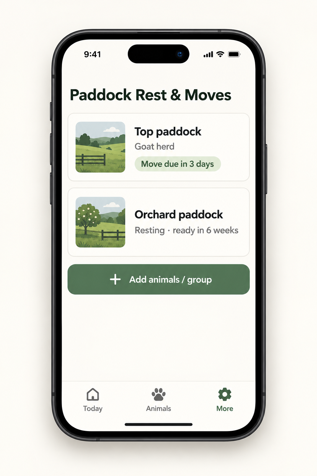 BlockCare Paddock Rest and Moves screen
