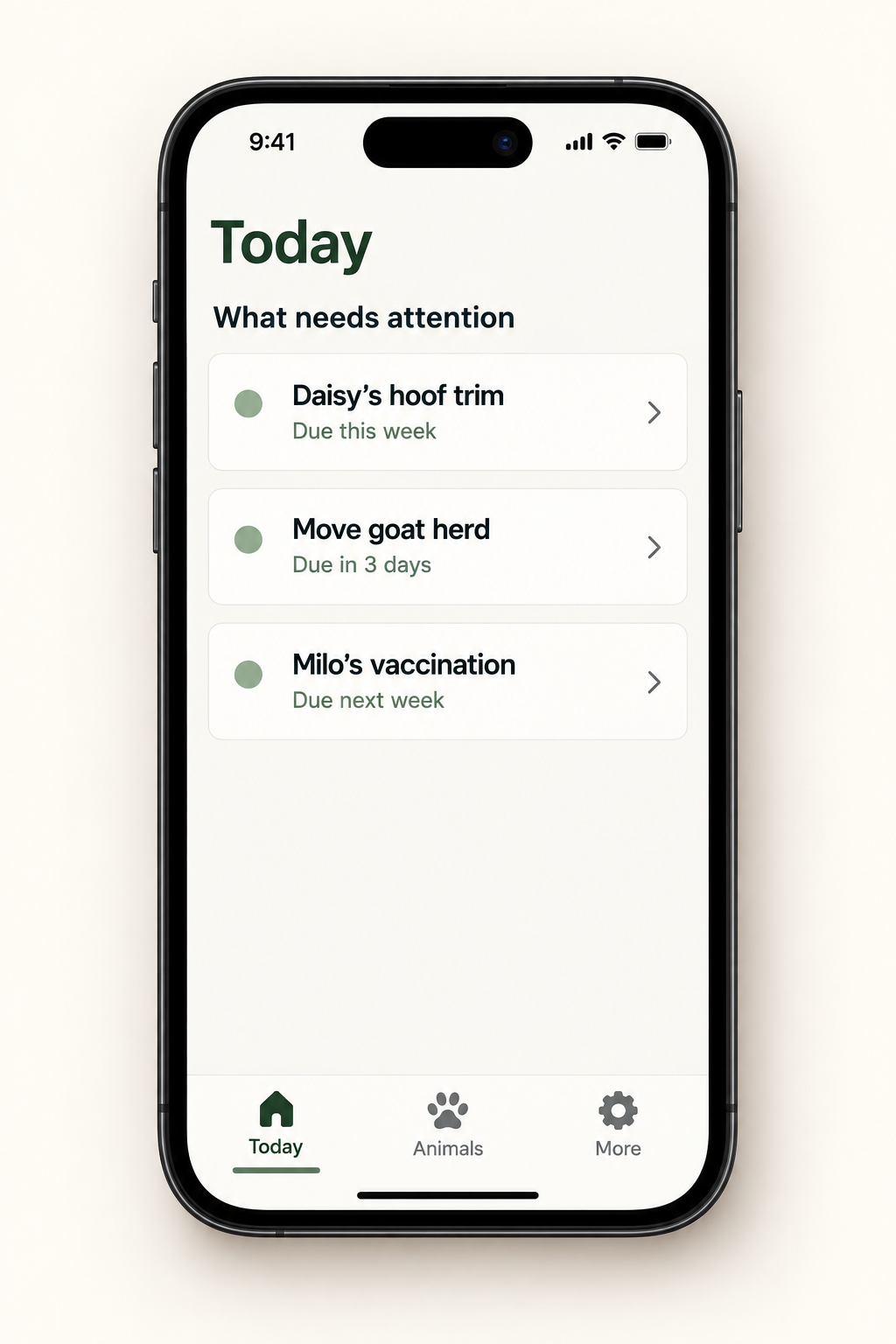 BlockCare Today screen with animal care reminders